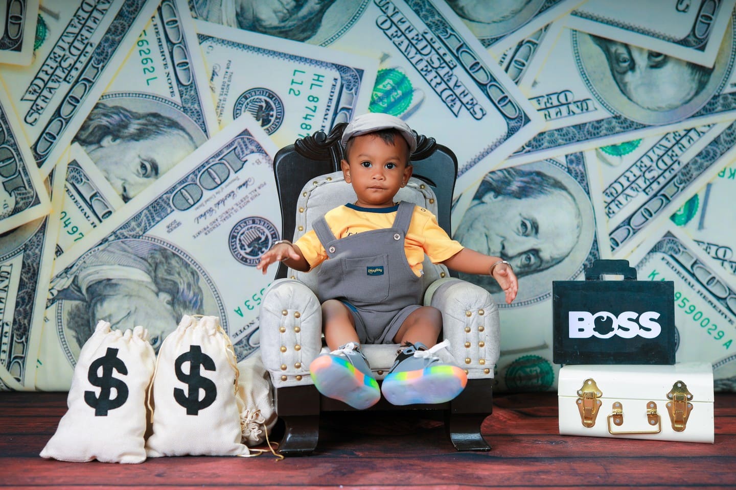 Baby Boss themed studio portrait